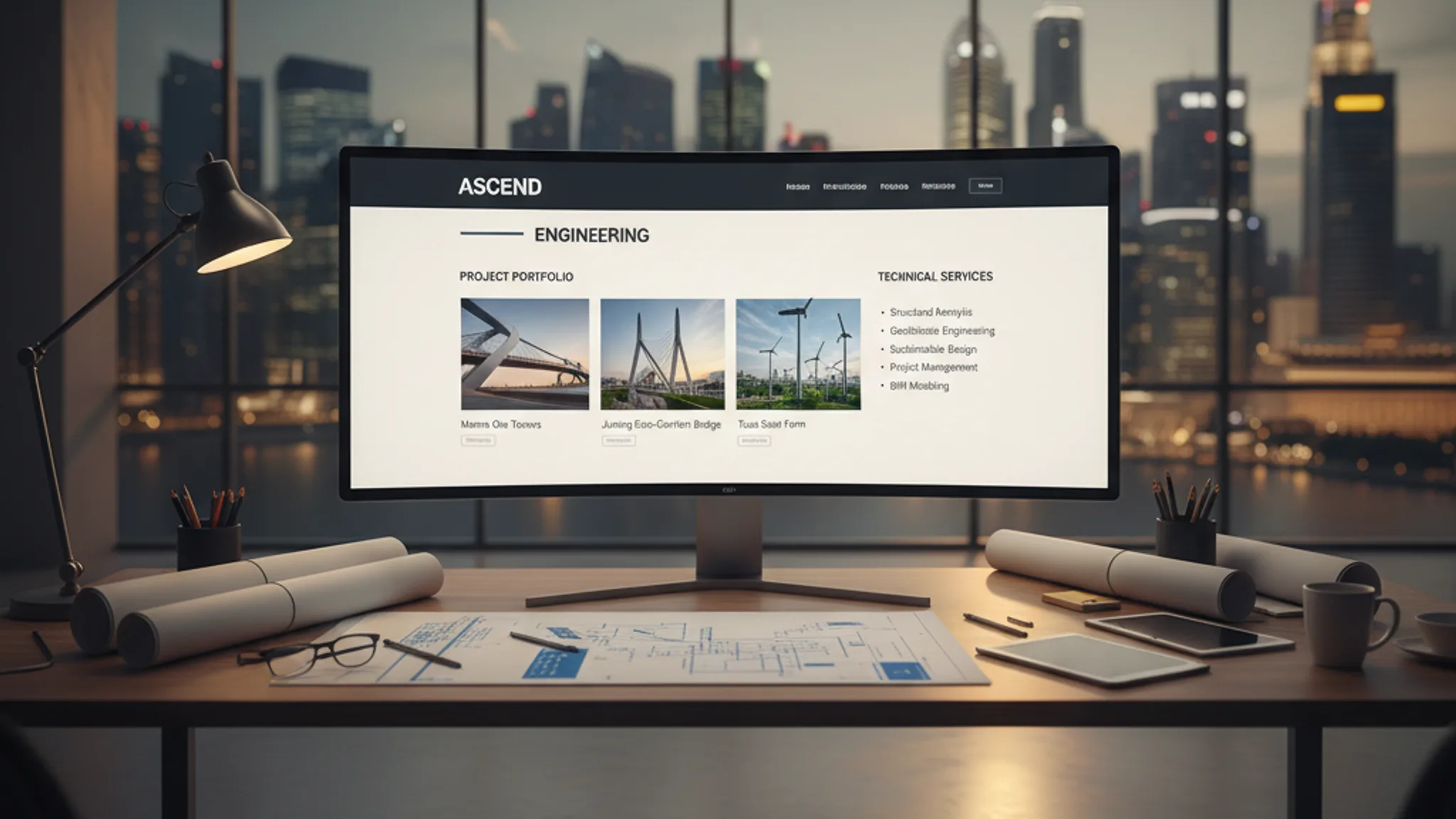 Professional engineering company website displayed on a monitor in a modern Singapore office with construction blueprints on the desk