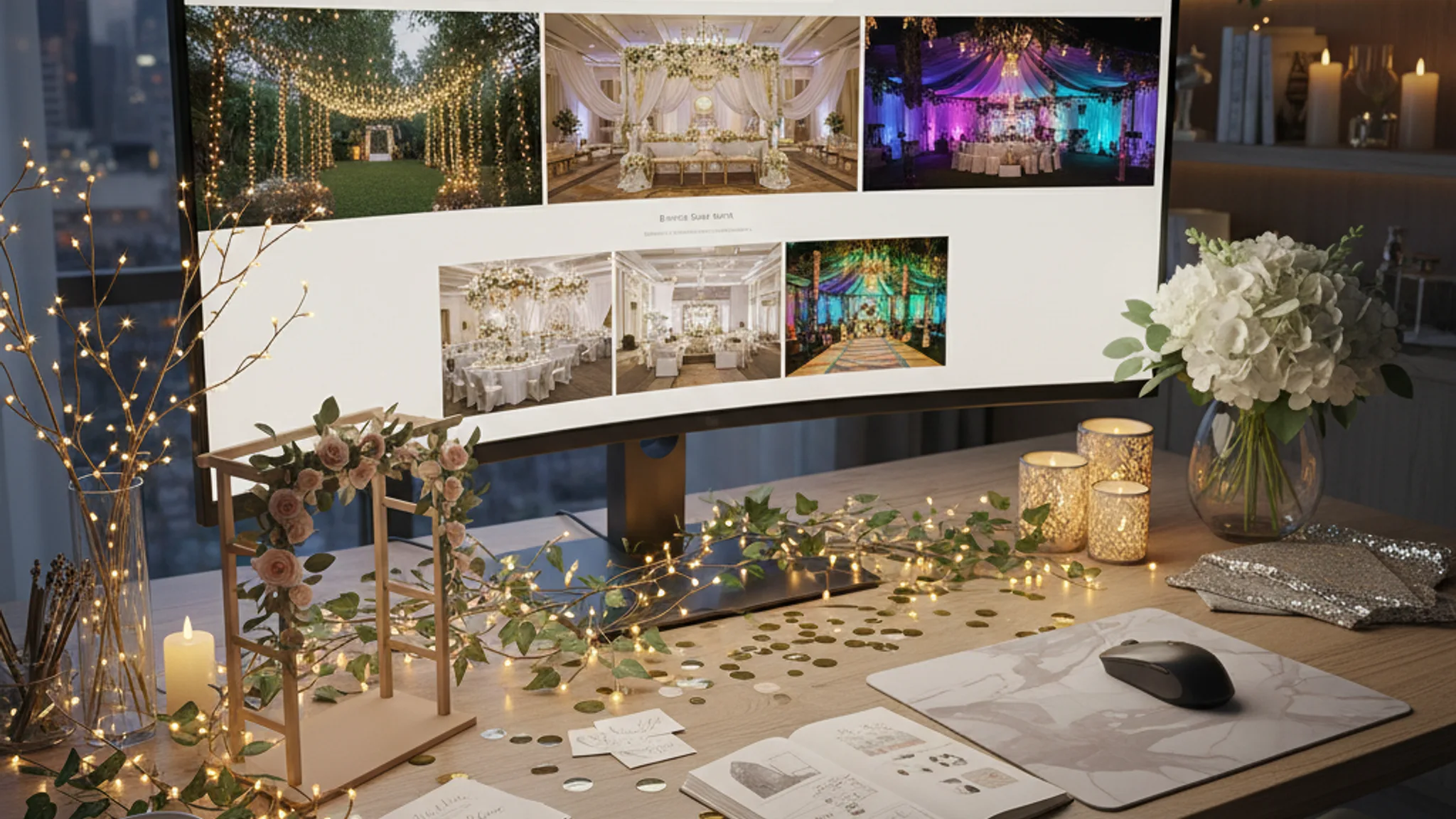 Modern events company website displayed on a laptop and phone showing a vibrant portfolio gallery with corporate event photography in a Singapore ballroom setting