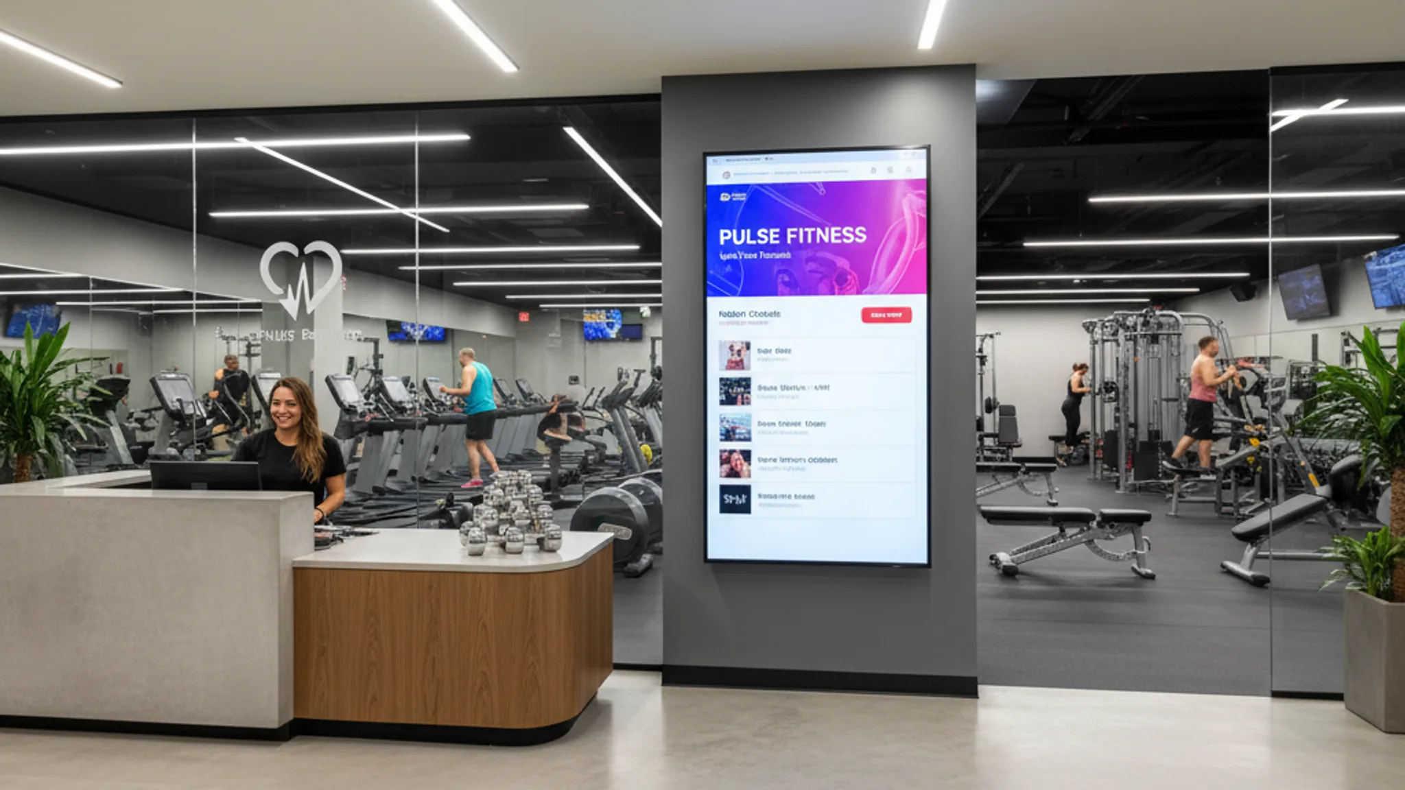 Fitness studio website with class booking system on screen in gym reception