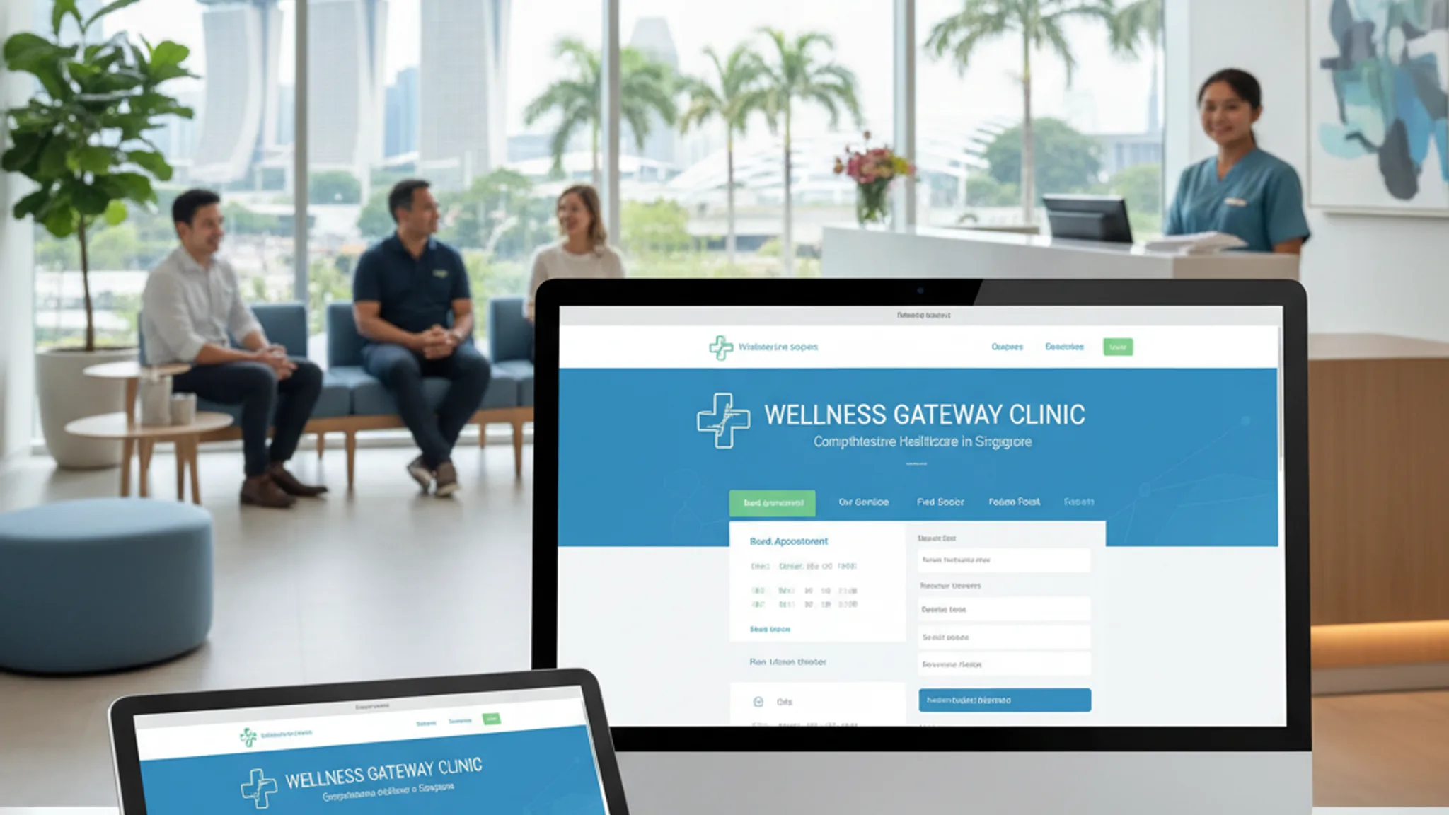 Modern healthcare clinic website displayed on tablet and desktop screens showing a clean medical interface with appointment booking, bright Singapore clinic reception in the background