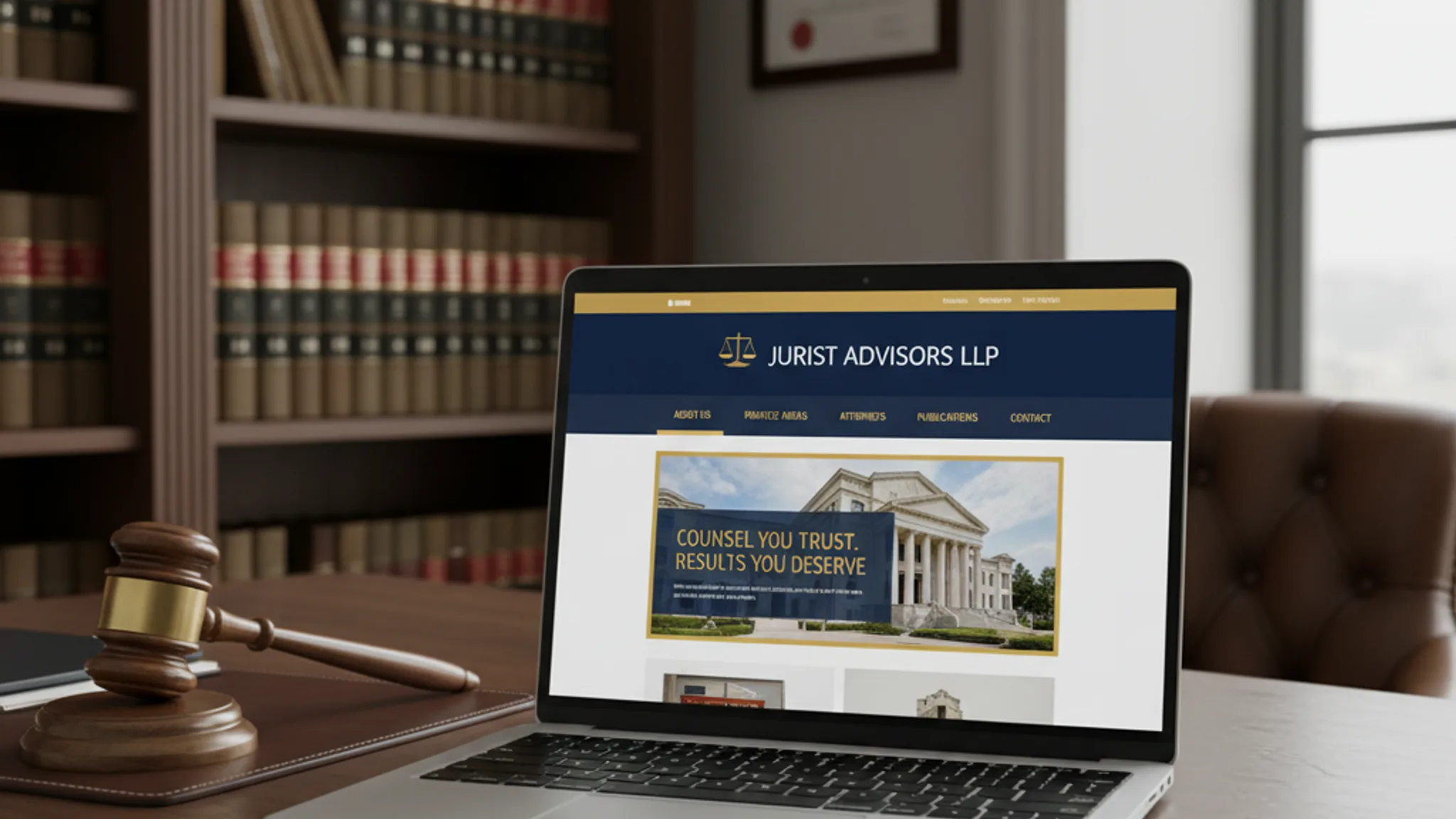 Professional law firm website displayed on laptop in sophisticated office