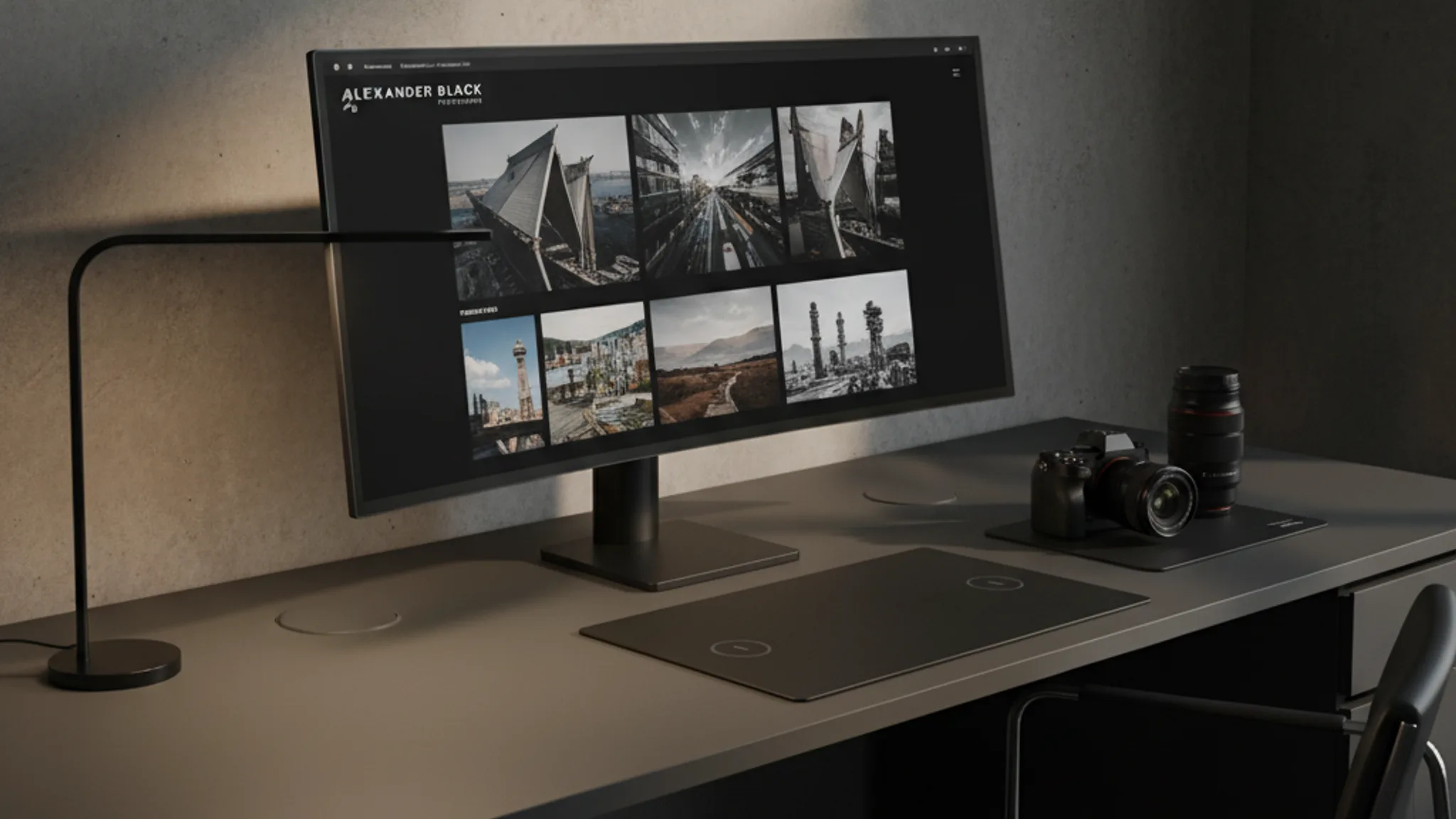 Photography portfolio website with full-screen gallery on minimal workspace