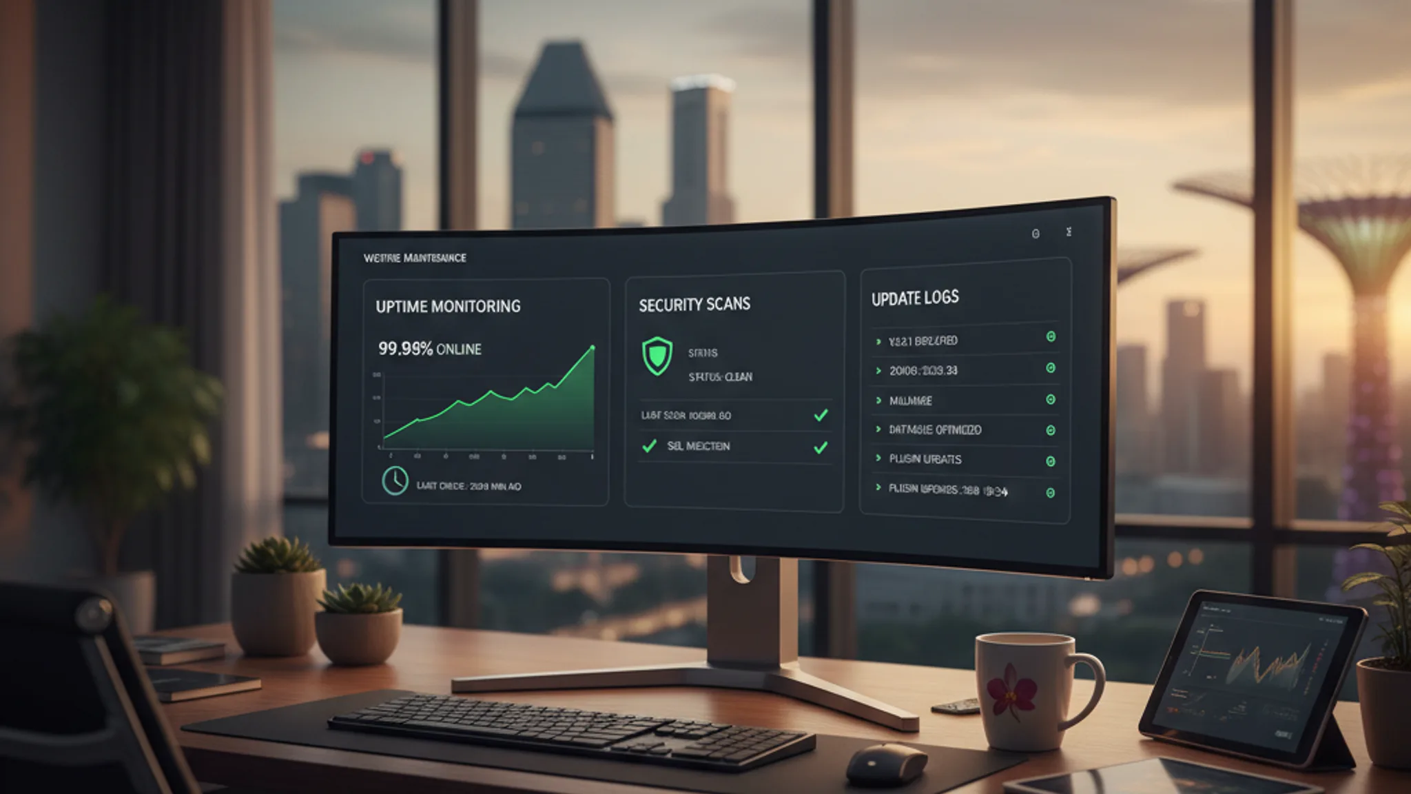 Website maintenance dashboard showing uptime monitoring, security scans, and update logs on a monitor in a modern Singapore office