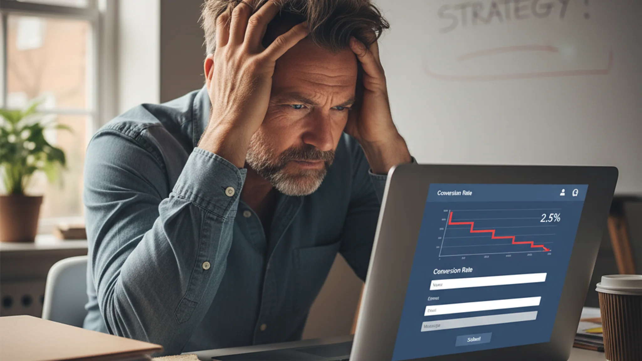Business owner reviewing website analytics showing low conversion rates