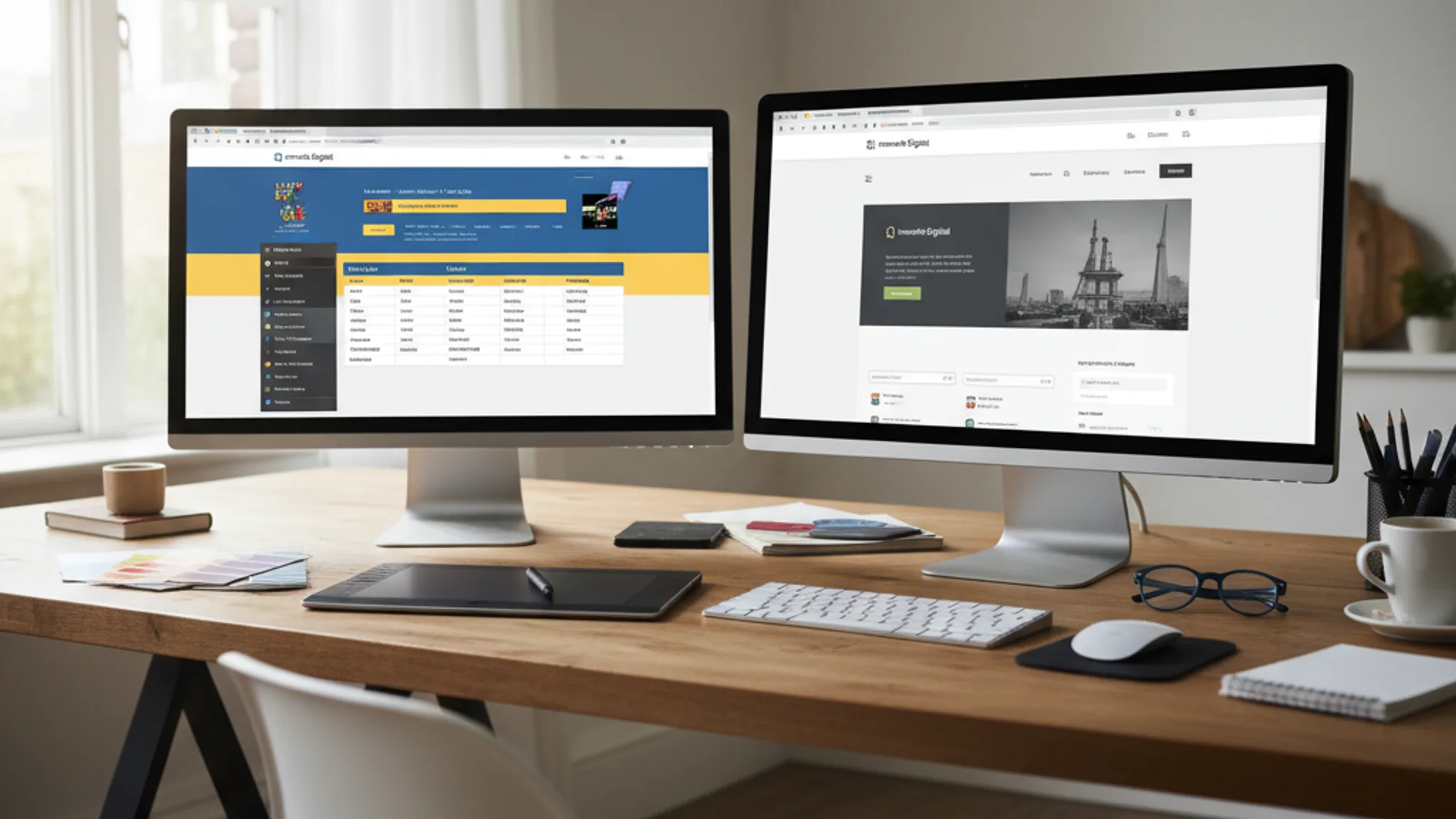 Two monitors showing outdated website next to modern redesigned version