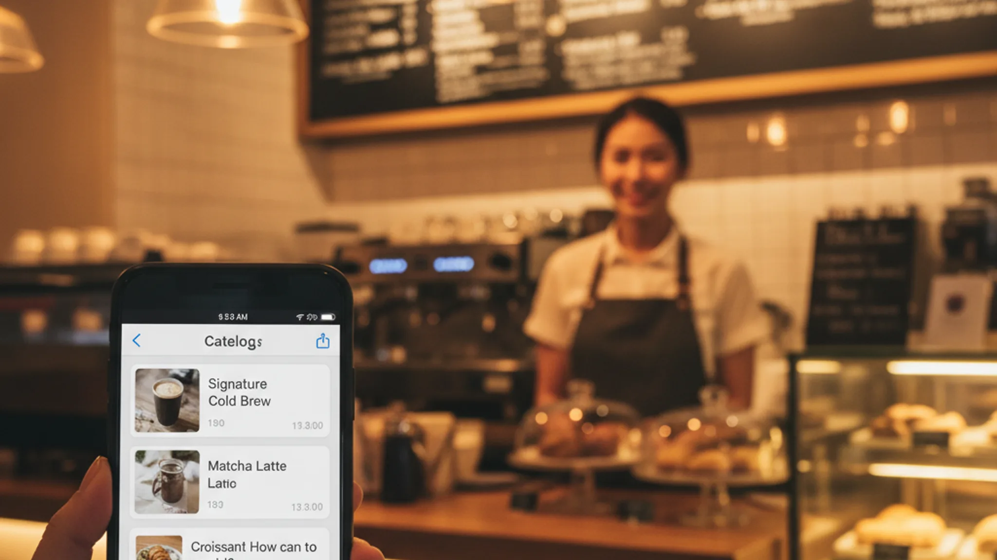 WhatsApp Business conversation on a smartphone at a Singapore cafe counter with automated replies and product catalogue visible