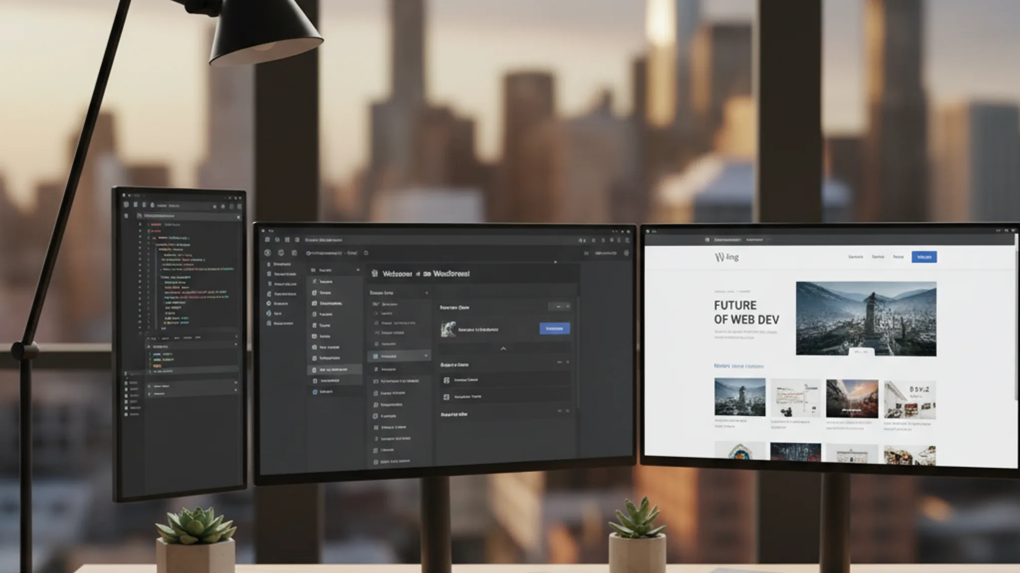 WordPress dashboard and website preview side by side on developer monitor