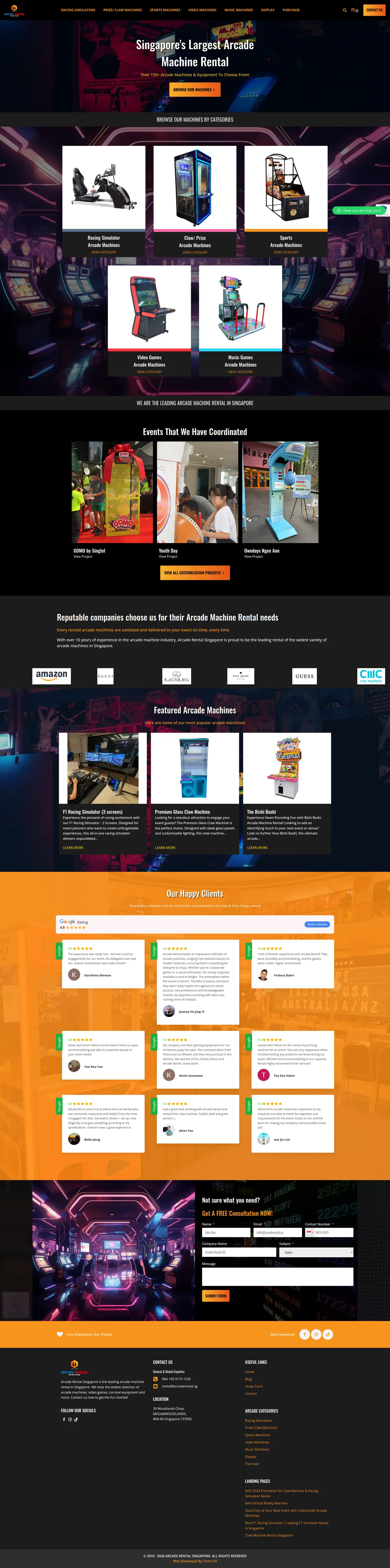 Arcade Rental Singapore full desktop website view